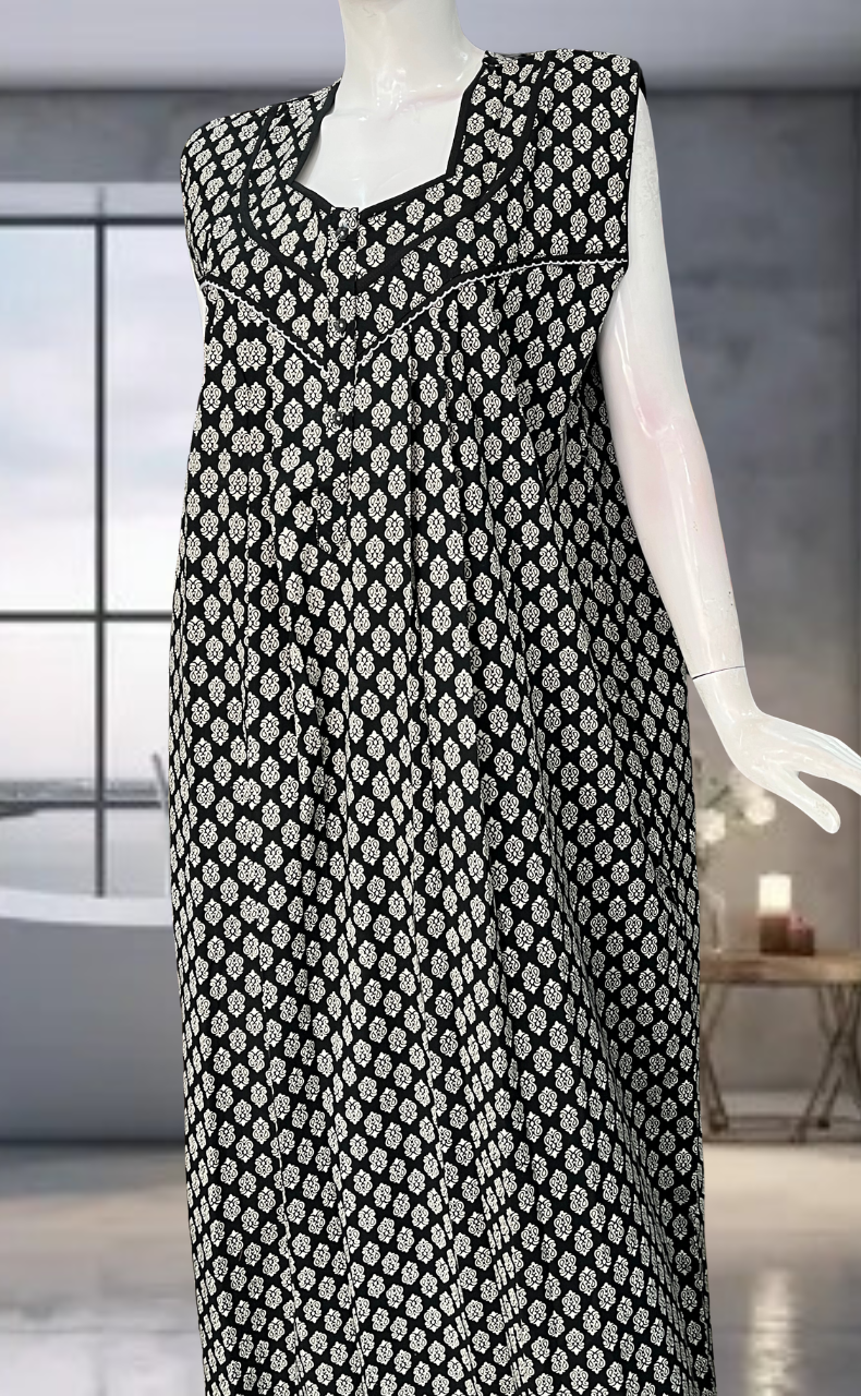 Black Motif Pure Cotton Sleeveless Nighty. Pure Durable Cotton | Laces and Frills