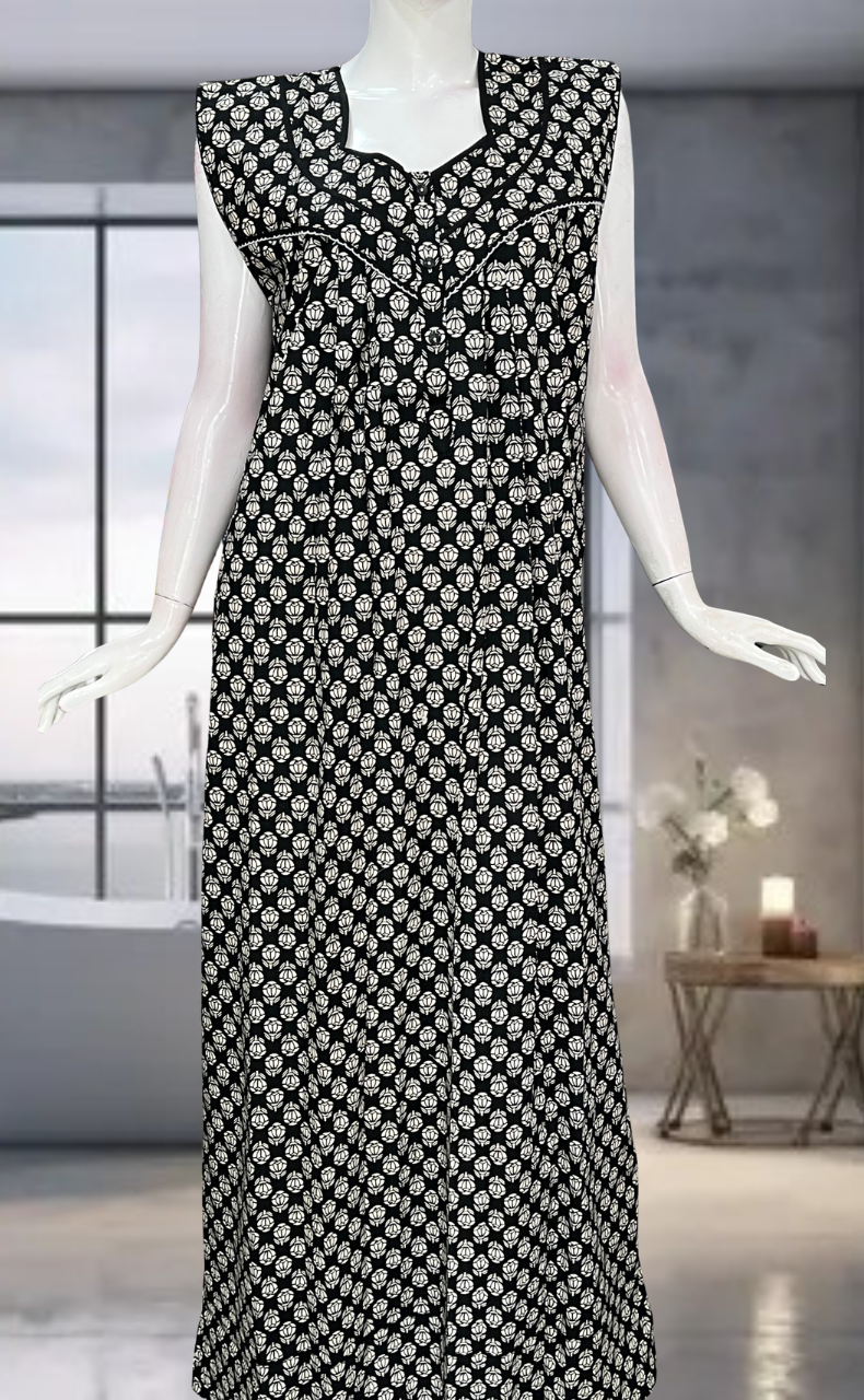 Black Floral Pure Cotton Sleeveless Nighty. Pure Durable Cotton | Laces and Frills