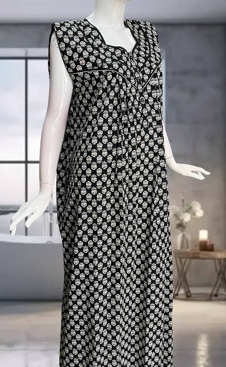 Black Floral Pure Cotton Sleeveless Nighty. Pure Durable Cotton | Laces and Frills