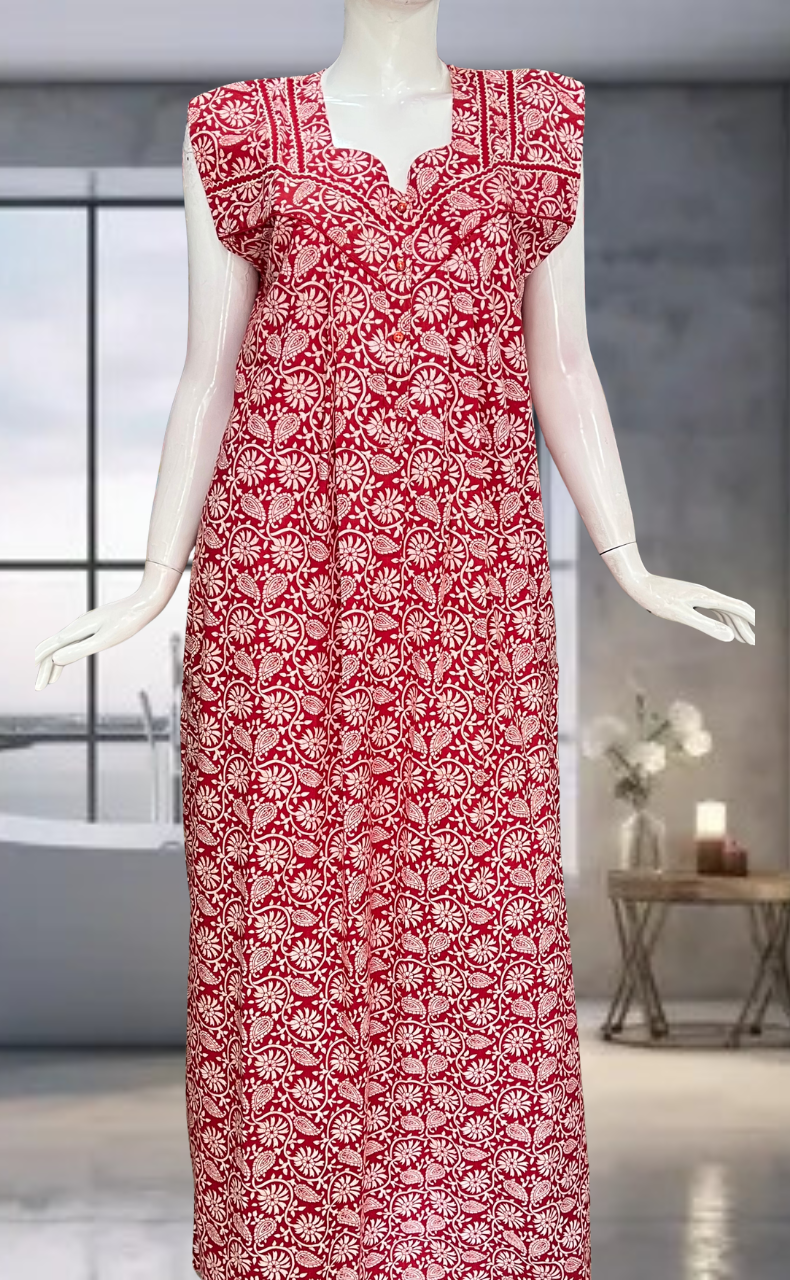Red Garden Pure Cotton Sleeveless Nighty. Pure Durable Cotton | Laces and Frills