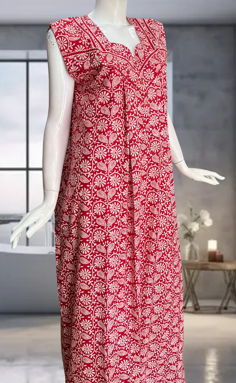 Red Garden Pure Cotton Sleeveless Nighty. Pure Durable Cotton | Laces and Frills