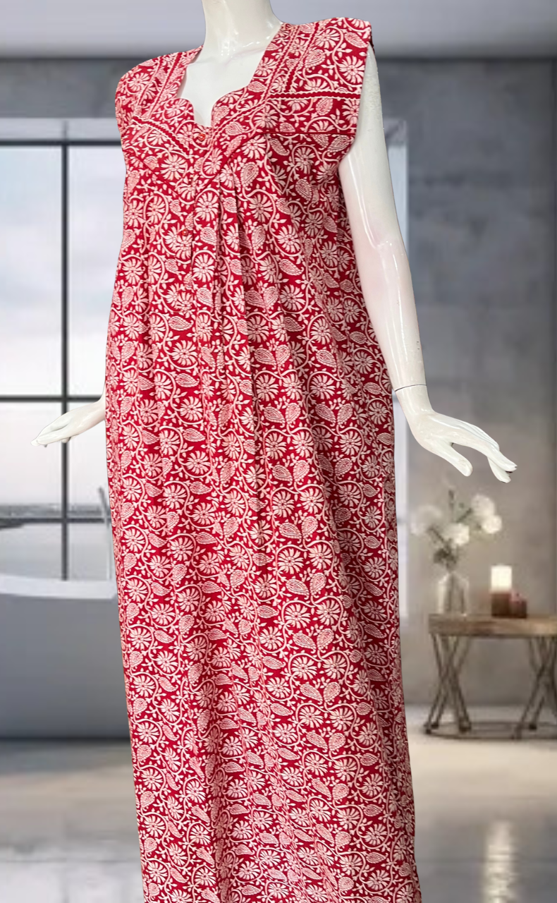 Red Garden Pure Cotton Sleeveless Nighty. Pure Durable Cotton | Laces and Frills