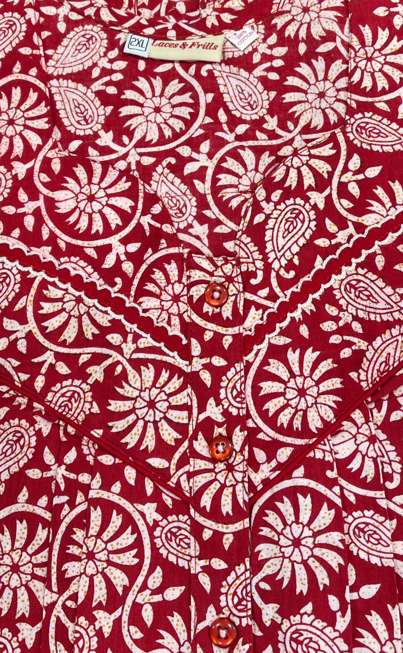 Red Garden Pure Cotton Sleeveless Nighty. Pure Durable Cotton | Laces and Frills