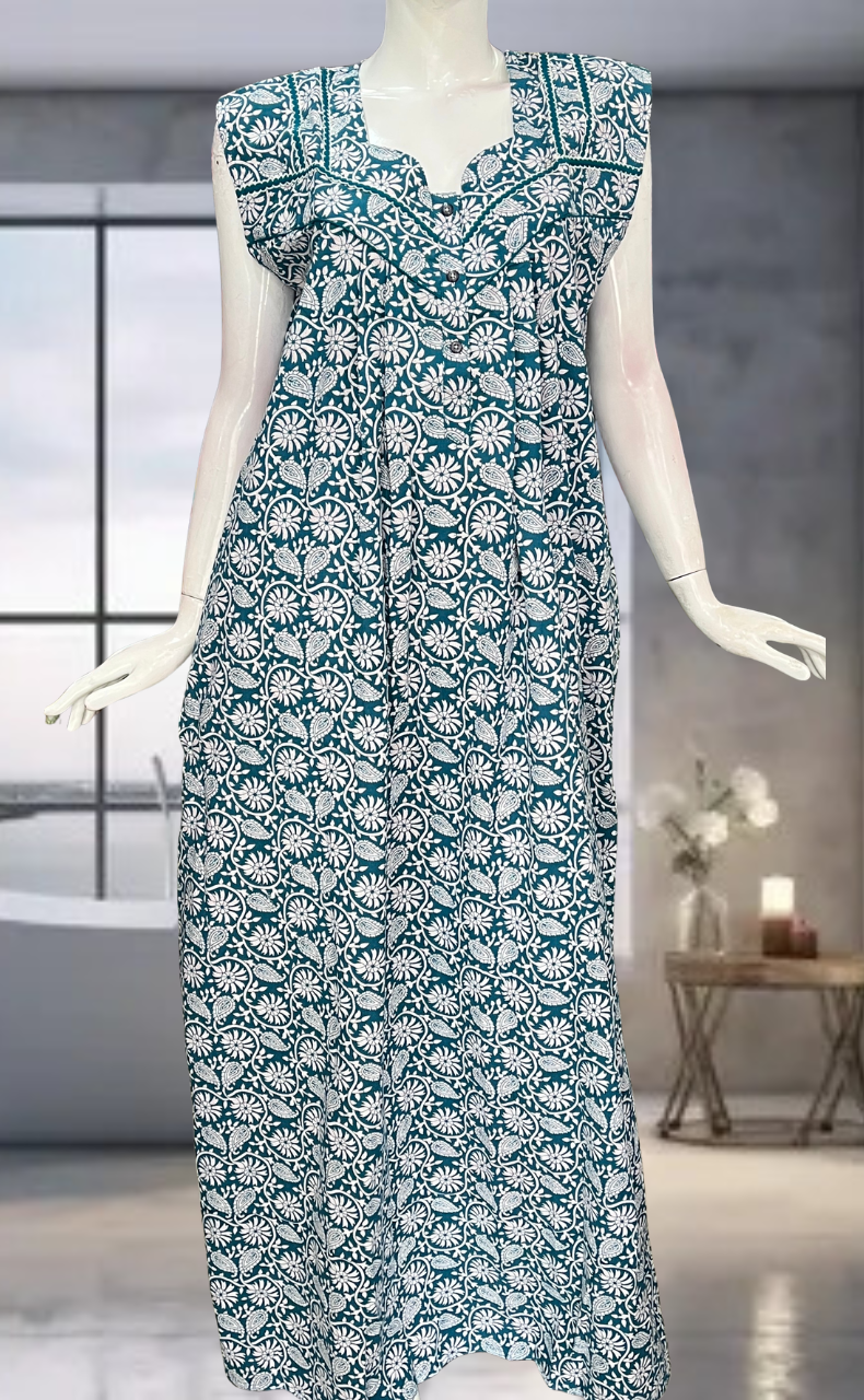 Teal Green Garden Pure Cotton Sleeveless Nighty. Pure Durable Cotton | Laces and Frills