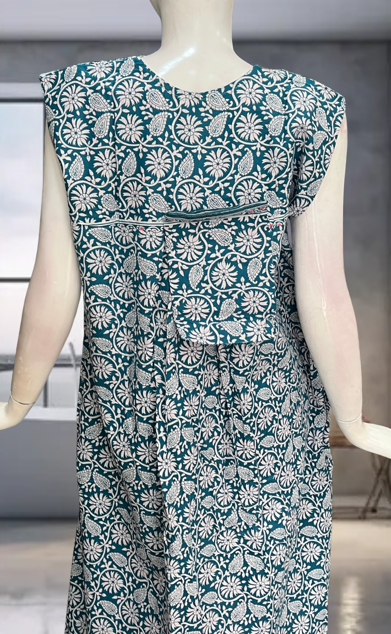 Teal Green Garden Pure Cotton Sleeveless Nighty. Pure Durable Cotton | Laces and Frills