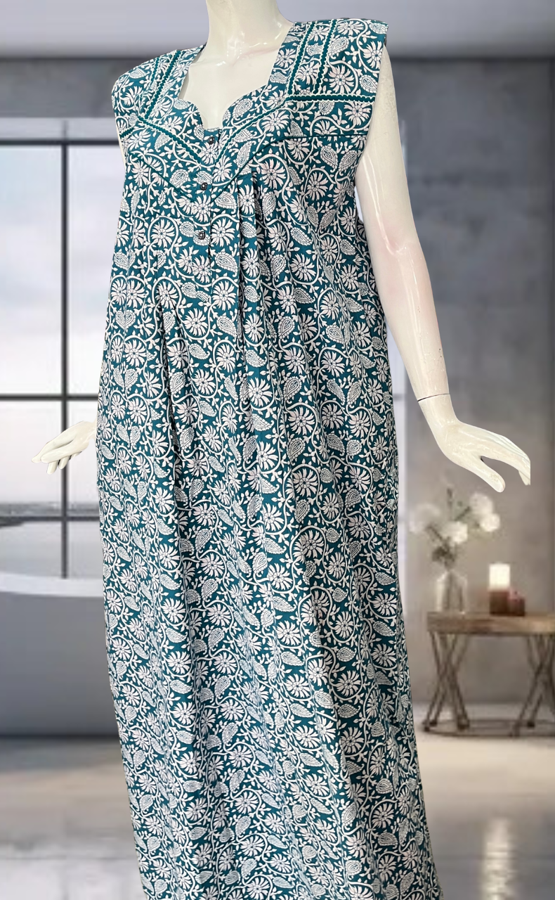 Teal Green Garden Pure Cotton Sleeveless Nighty. Pure Durable Cotton | Laces and Frills