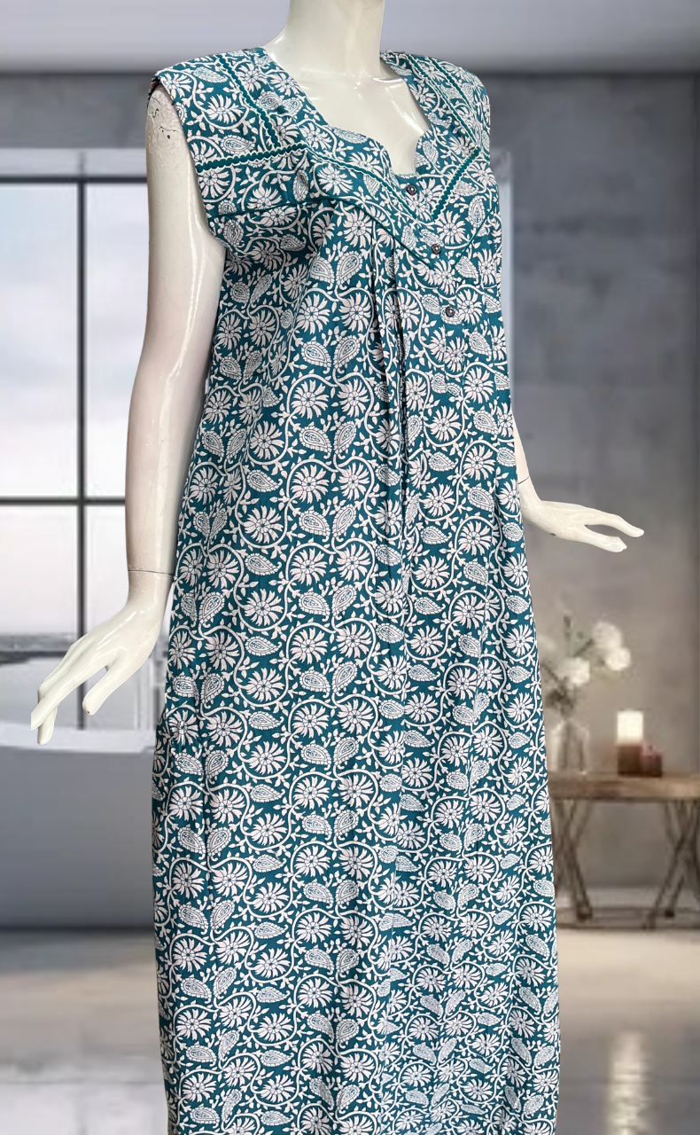 Teal Green Garden Pure Cotton Sleeveless Nighty. Pure Durable Cotton | Laces and Frills