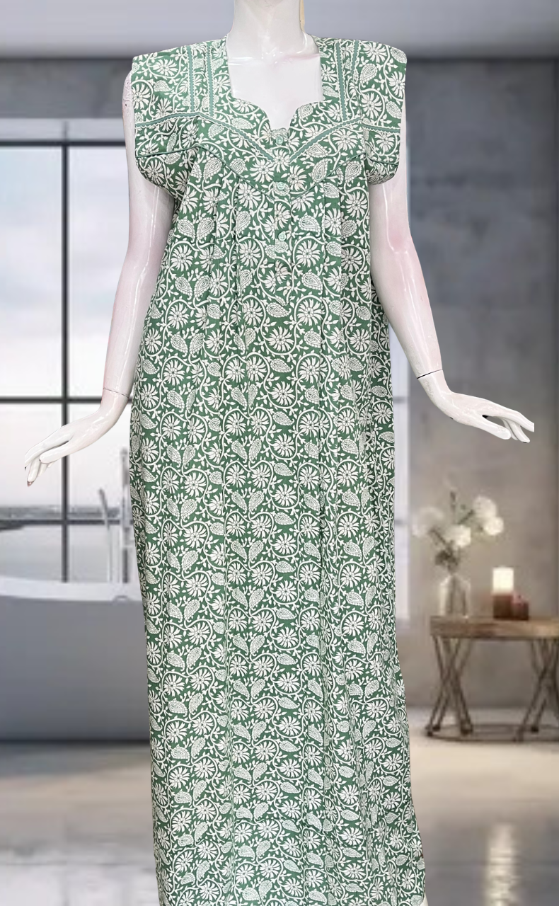 Pista Green Garden Pure Cotton Sleeveless Nighty. Pure Durable Cotton | Laces and Frills
