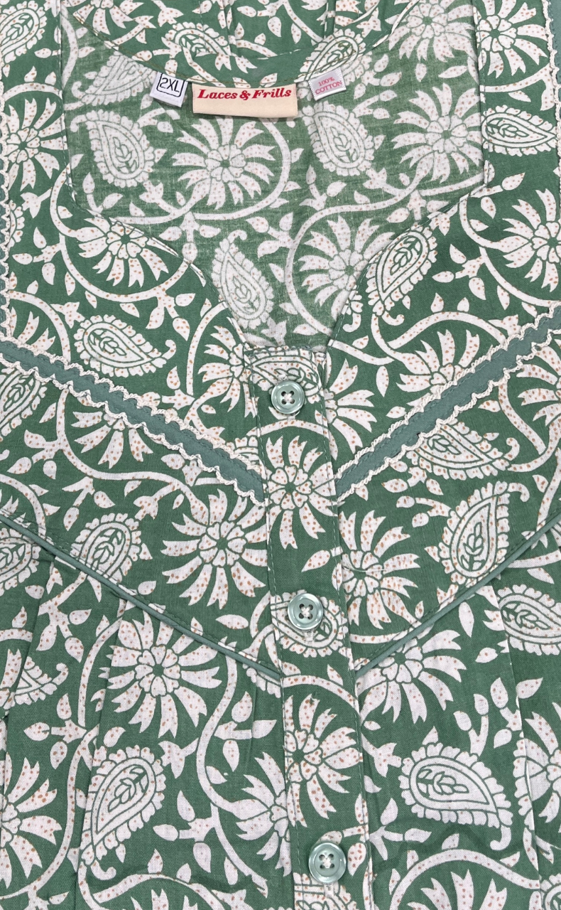 Pista Green Garden Pure Cotton Sleeveless Nighty. Pure Durable Cotton | Laces and Frills