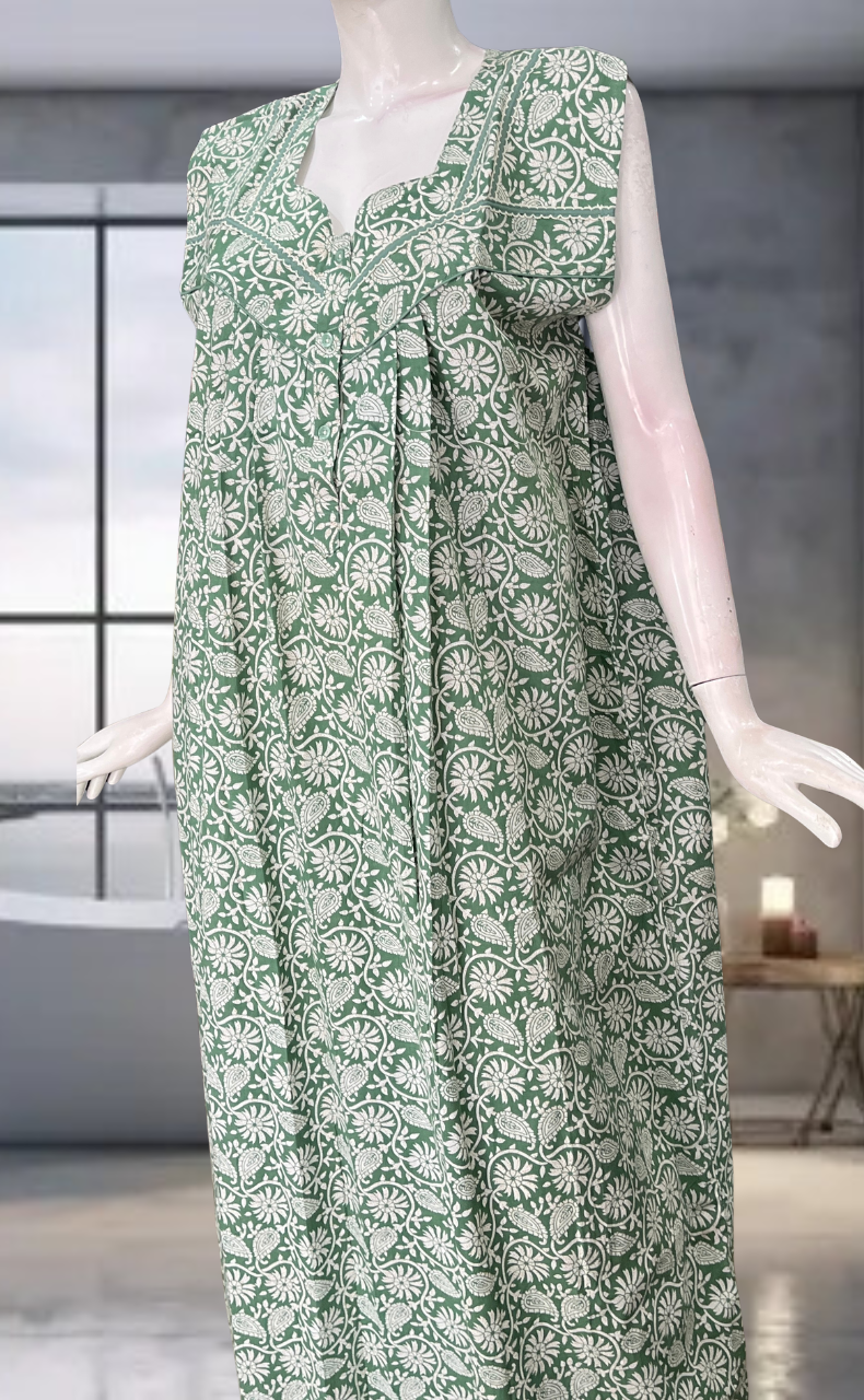 Pista Green Garden Pure Cotton Sleeveless Nighty. Pure Durable Cotton | Laces and Frills