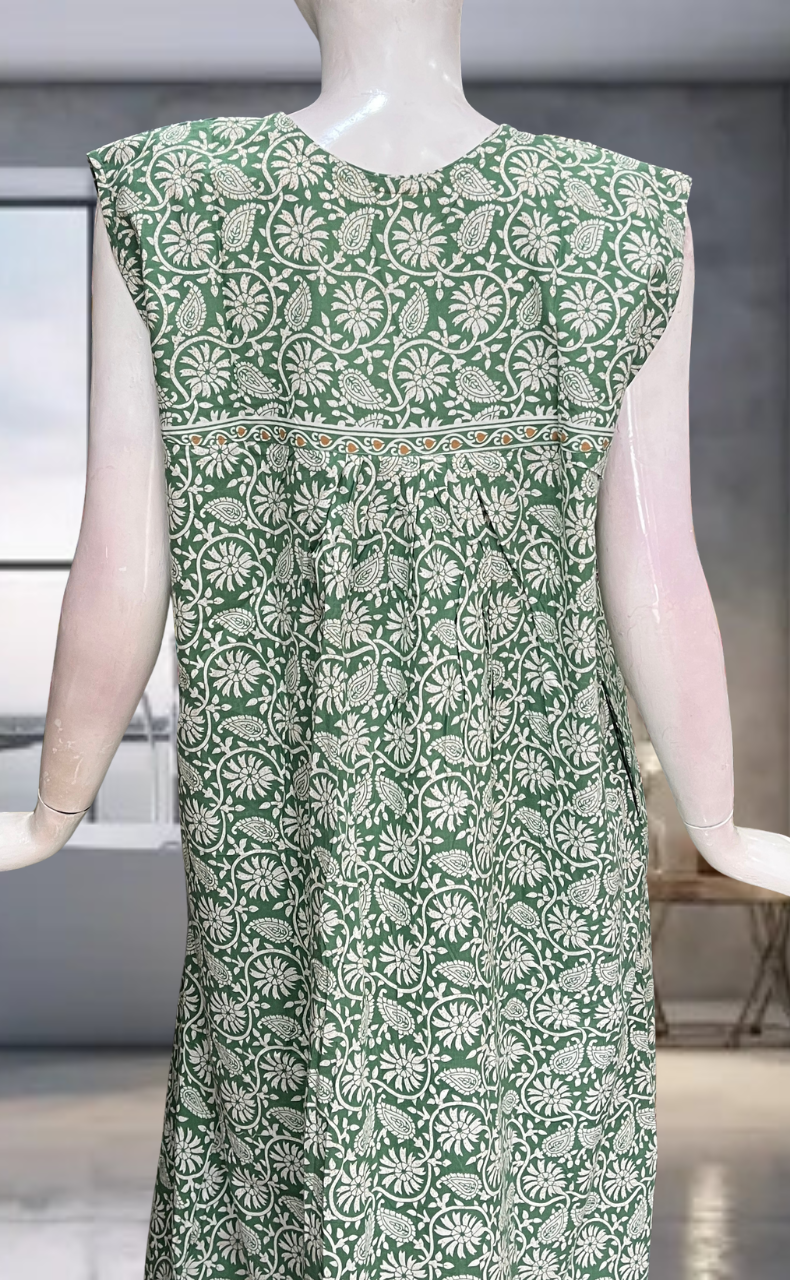 Pista Green Garden Pure Cotton Sleeveless Nighty. Pure Durable Cotton | Laces and Frills