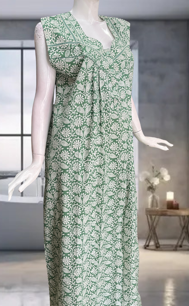 Pista Green Garden Pure Cotton Sleeveless Nighty. Pure Durable Cotton | Laces and Frills