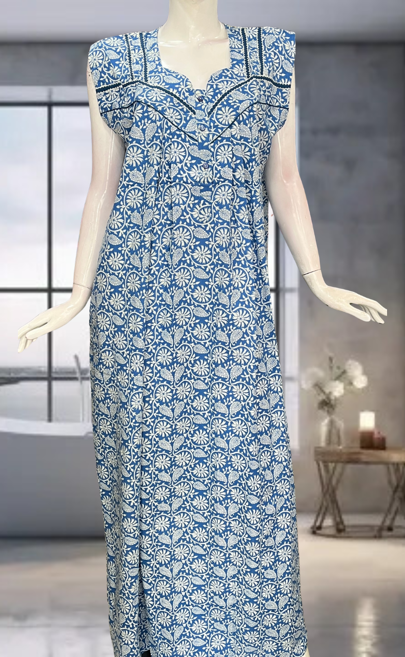 Blue Garden Pure Cotton Sleeveless Nighty. Pure Durable Cotton | Laces and Frills