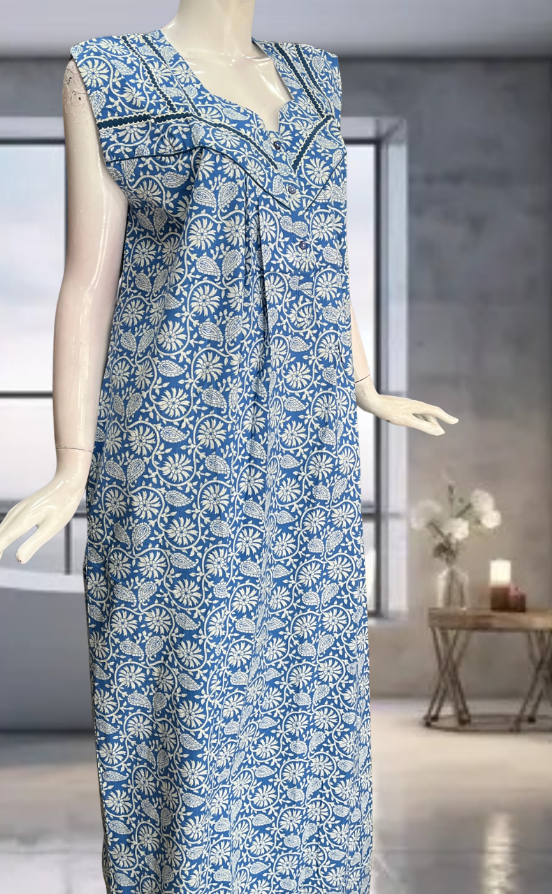 Blue Garden Pure Cotton Sleeveless Nighty. Pure Durable Cotton | Laces and Frills