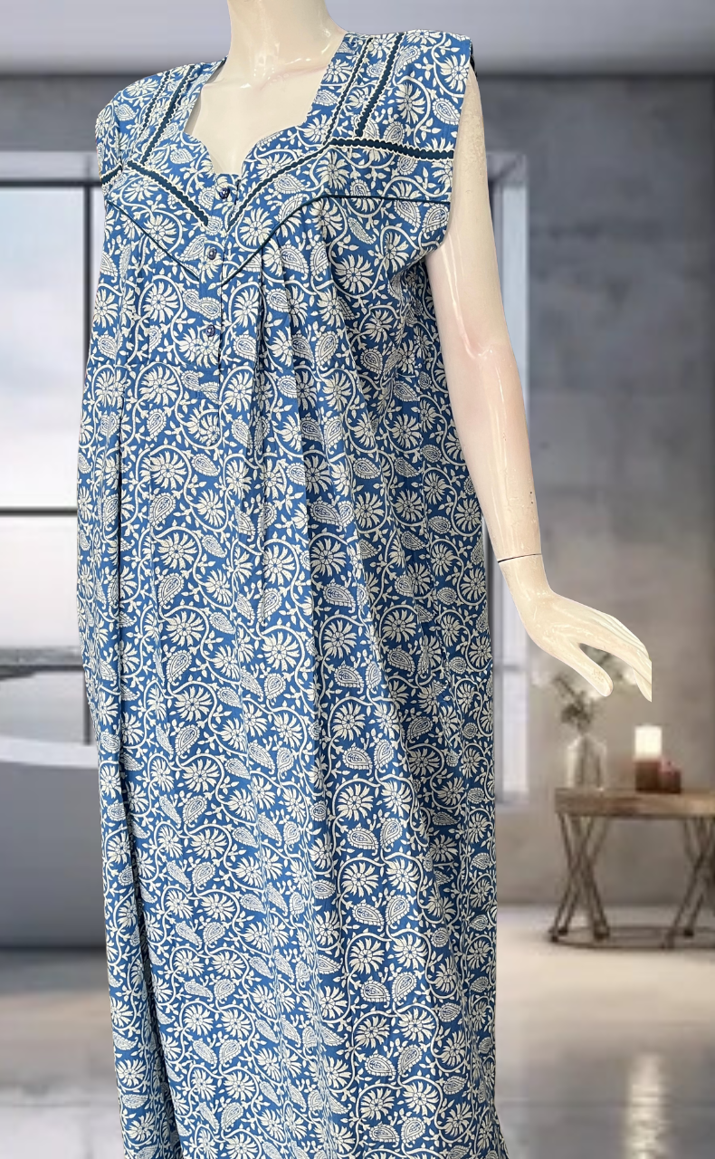 Blue Garden Pure Cotton Sleeveless Nighty. Pure Durable Cotton | Laces and Frills