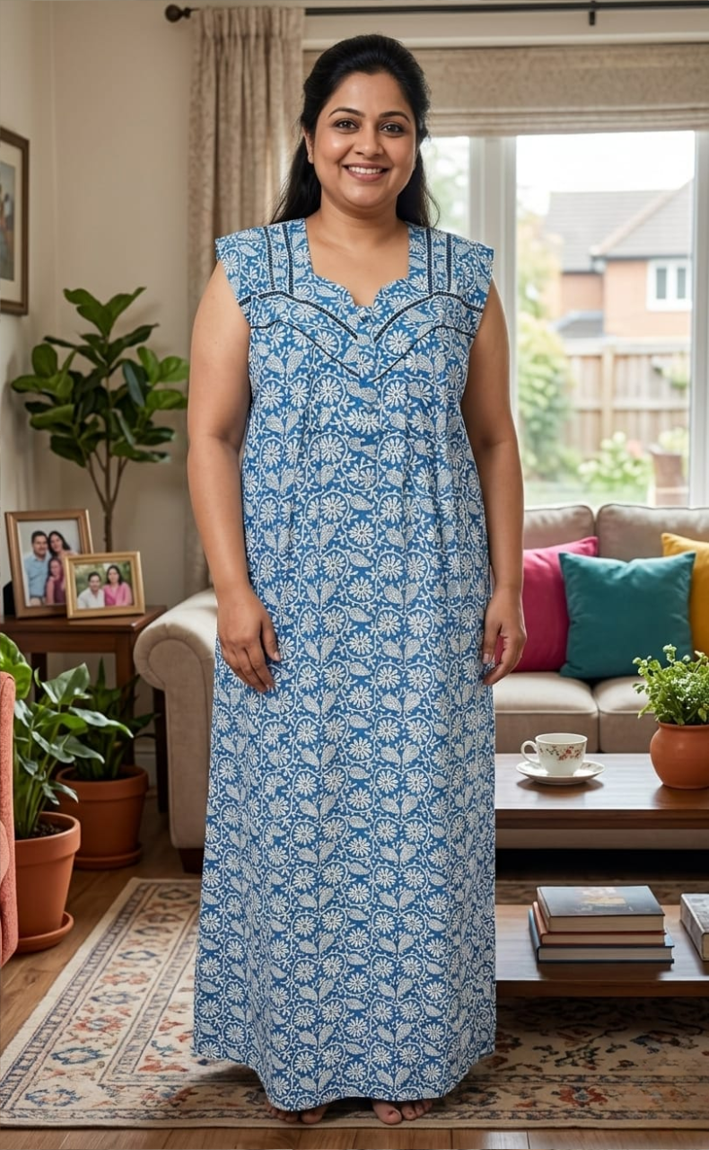 Blue Garden Pure Cotton Sleeveless Nighty. Pure Durable Cotton | Laces and Frills