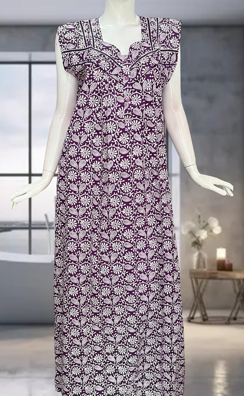 Violet Garden Pure Cotton Sleeveless Nighty. Pure Durable Cotton | Laces and Frills