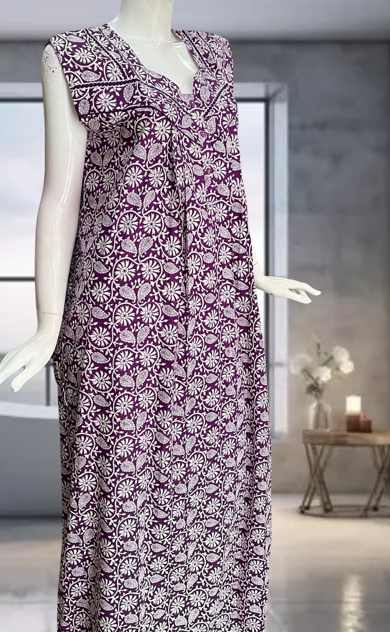 Violet Garden Pure Cotton Sleeveless Nighty. Pure Durable Cotton | Laces and Frills