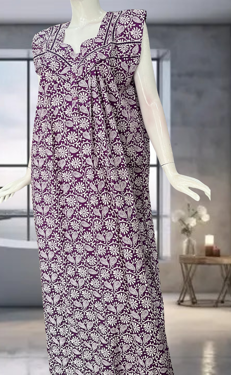 Violet Garden Pure Cotton Sleeveless Nighty. Pure Durable Cotton | Laces and Frills