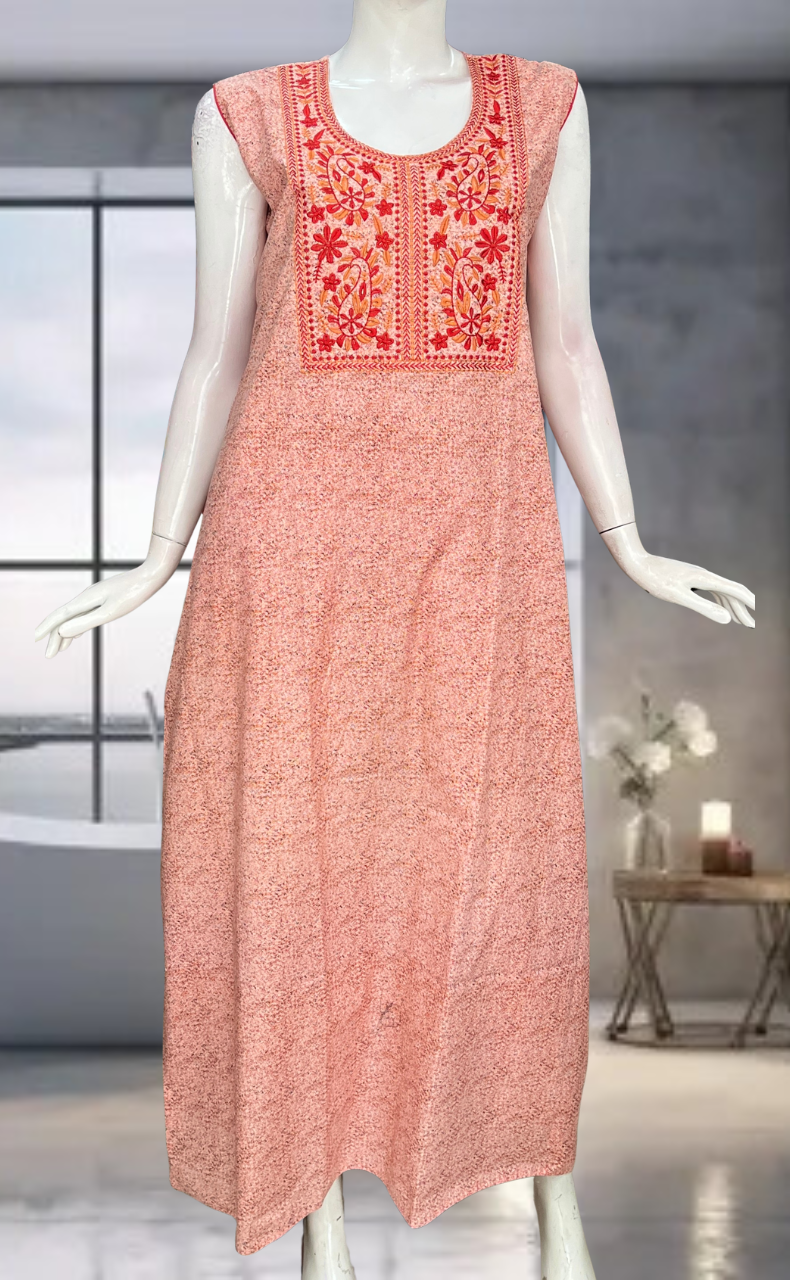 Peach Floral Pure Cotton Sleeveless Nighty. Pure Durable Cotton | Laces and Frills