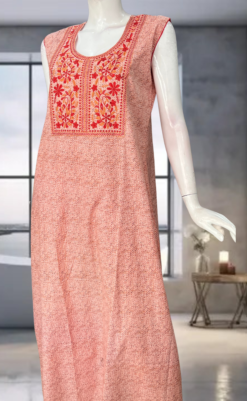 Peach Floral Pure Cotton Sleeveless Nighty. Pure Durable Cotton | Laces and Frills