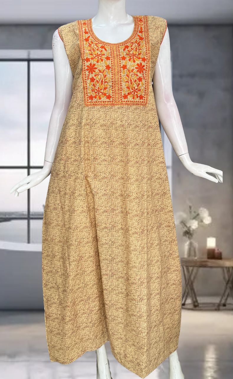 Beige Floral Pure Cotton Sleeveless Nighty. Pure Durable Cotton | Laces and Frills