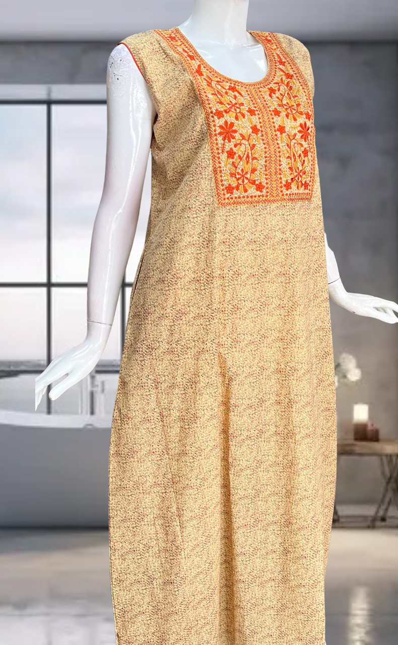 Beige Floral Pure Cotton Sleeveless Nighty. Pure Durable Cotton | Laces and Frills