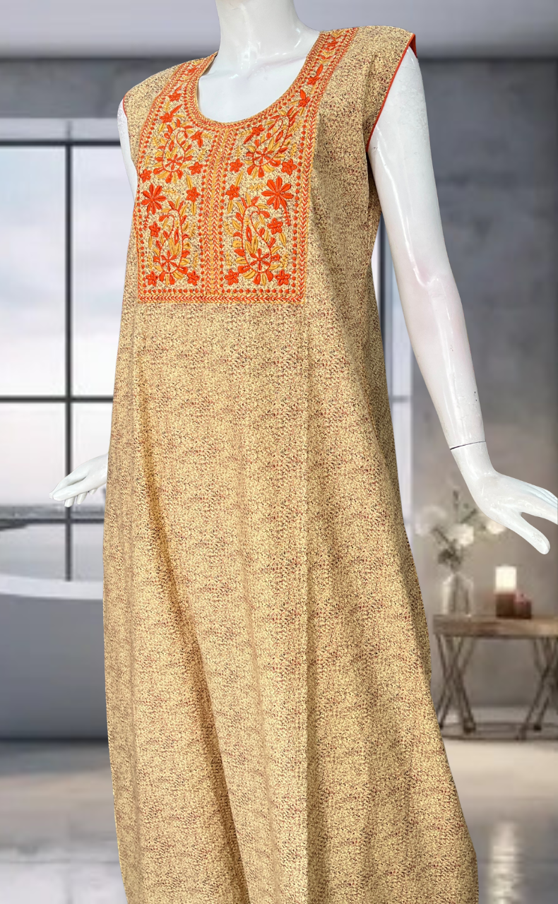 Beige Floral Pure Cotton Sleeveless Nighty. Pure Durable Cotton | Laces and Frills