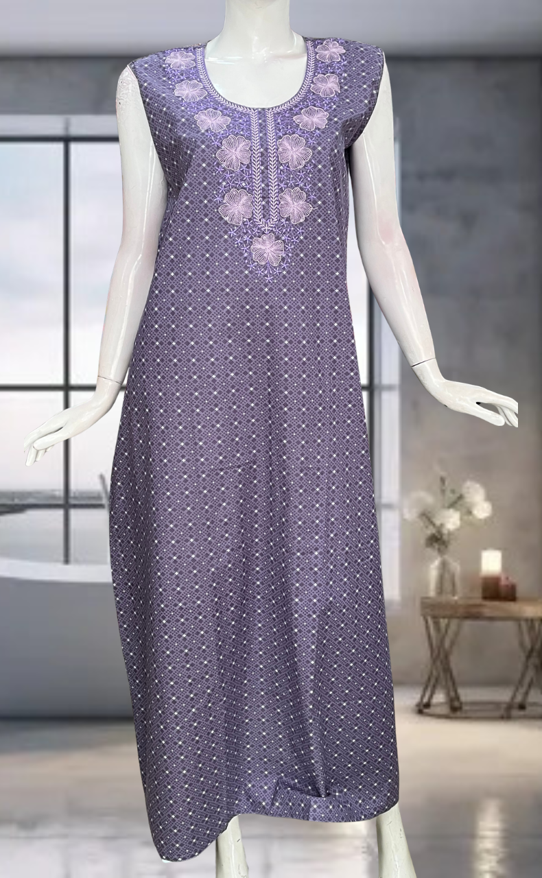 Lavender Floral Pure Cotton Sleeveless Nighty. Pure Durable Cotton | Laces and Frills
