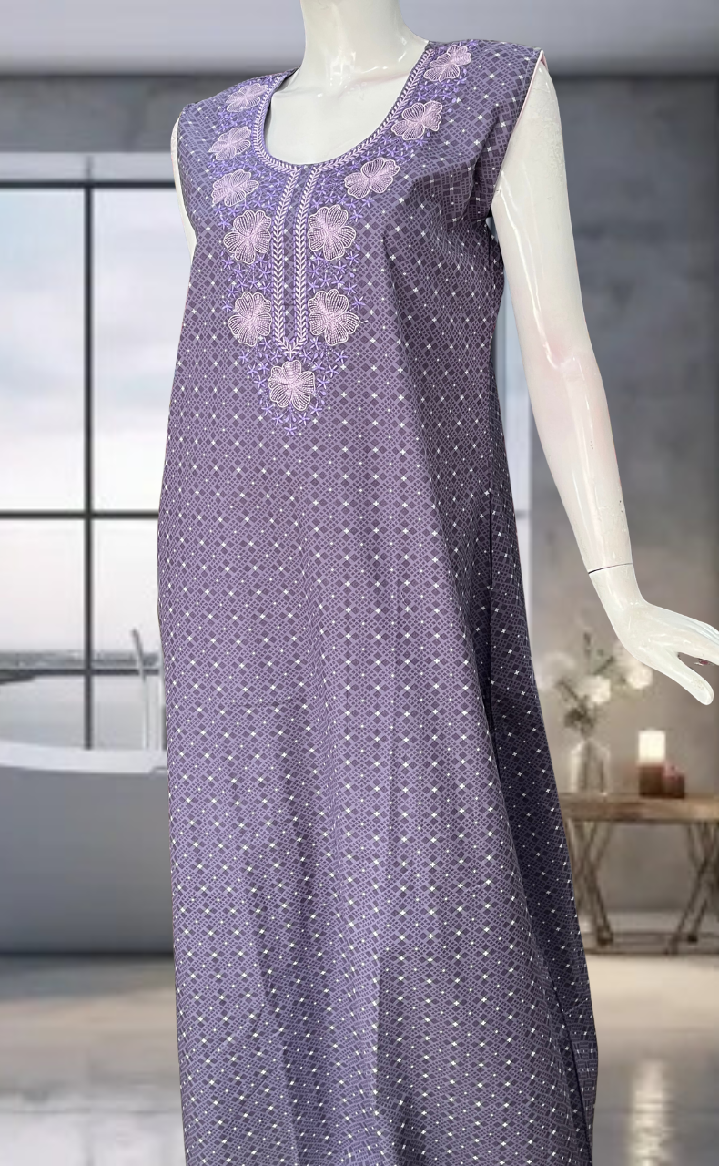 Lavender Floral Pure Cotton Sleeveless Nighty. Pure Durable Cotton | Laces and Frills