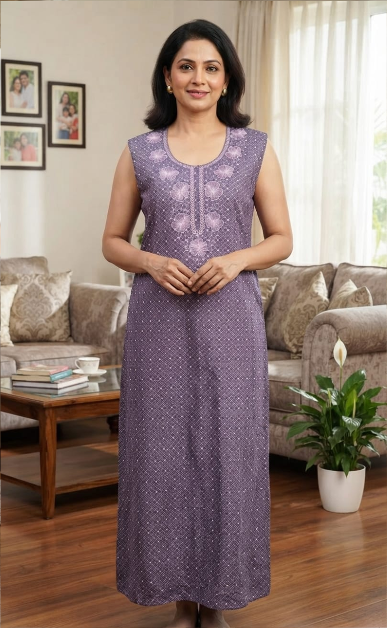 Lavender Floral Pure Cotton Sleeveless Nighty. Pure Durable Cotton | Laces and Frills
