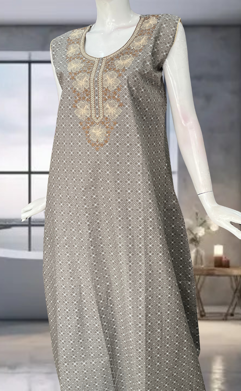 Grey Floral Pure Cotton Sleeveless Nighty. Pure Durable Cotton | Laces and Frills