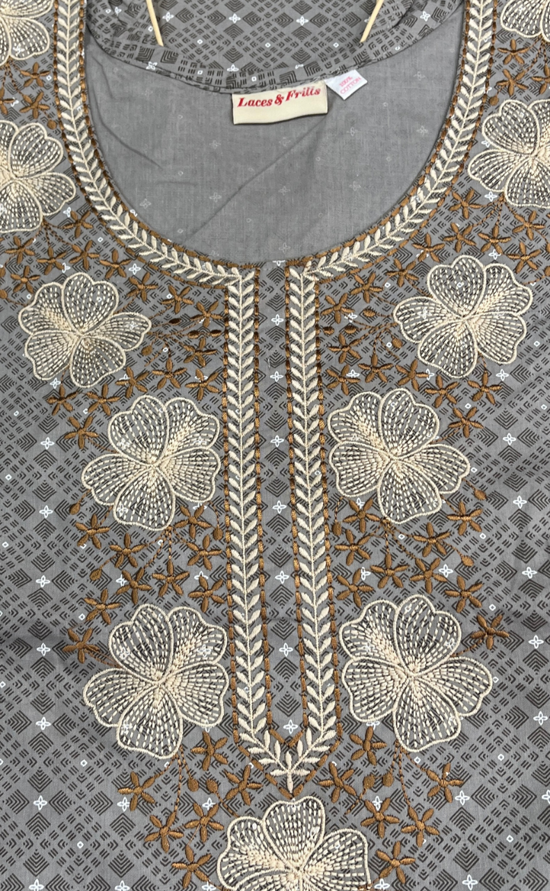Grey Floral Pure Cotton Sleeveless Nighty. Pure Durable Cotton | Laces and Frills