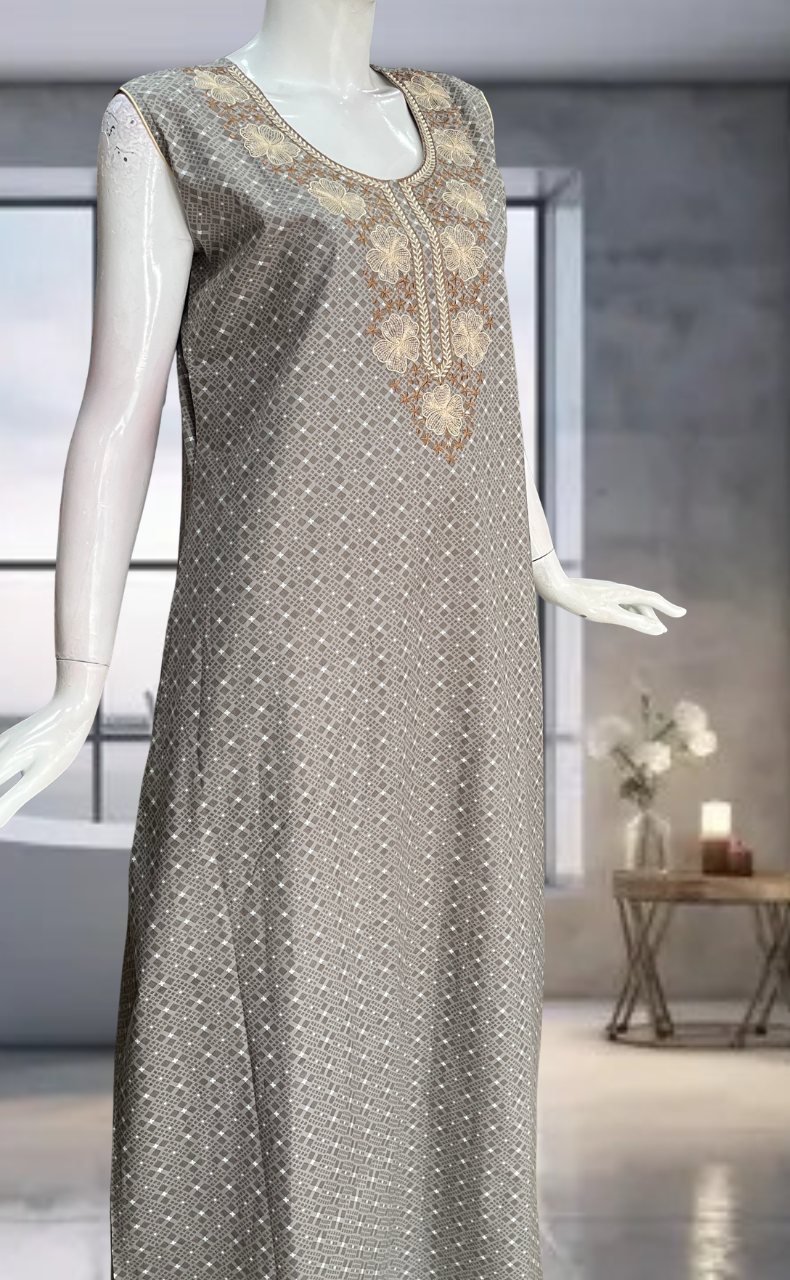 Grey Floral Pure Cotton Sleeveless Nighty. Pure Durable Cotton | Laces and Frills