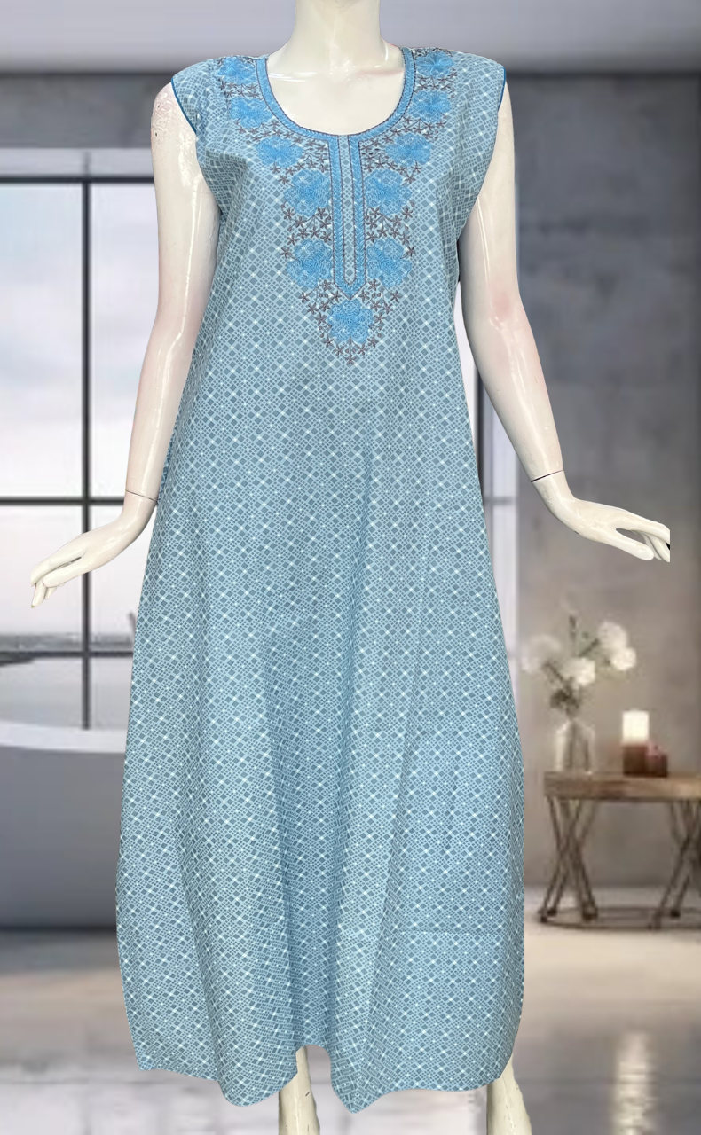 Light Blue Floral Pure Cotton Sleeveless Nighty. Pure Durable Cotton | Laces and Frills