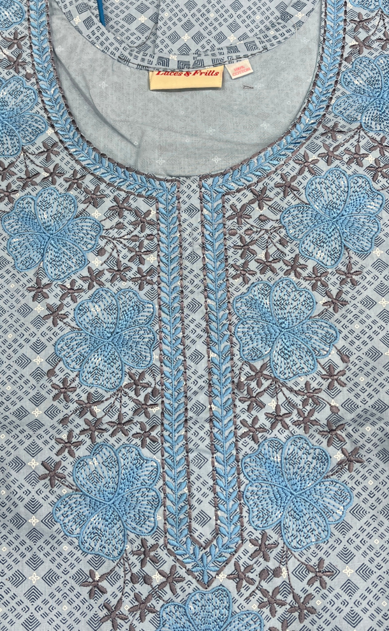 Light Blue Floral Pure Cotton Sleeveless Nighty. Pure Durable Cotton | Laces and Frills