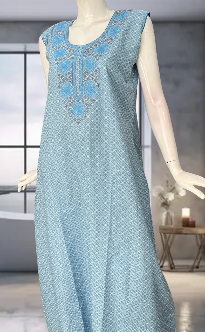 Light Blue Floral Pure Cotton Sleeveless Nighty. Pure Durable Cotton | Laces and Frills