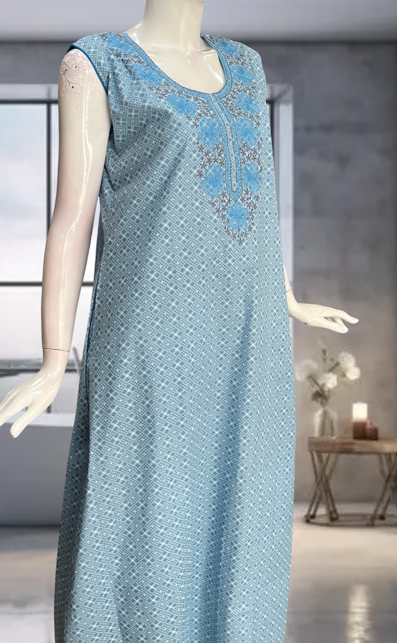 Light Blue Floral Pure Cotton Sleeveless Nighty. Pure Durable Cotton | Laces and Frills