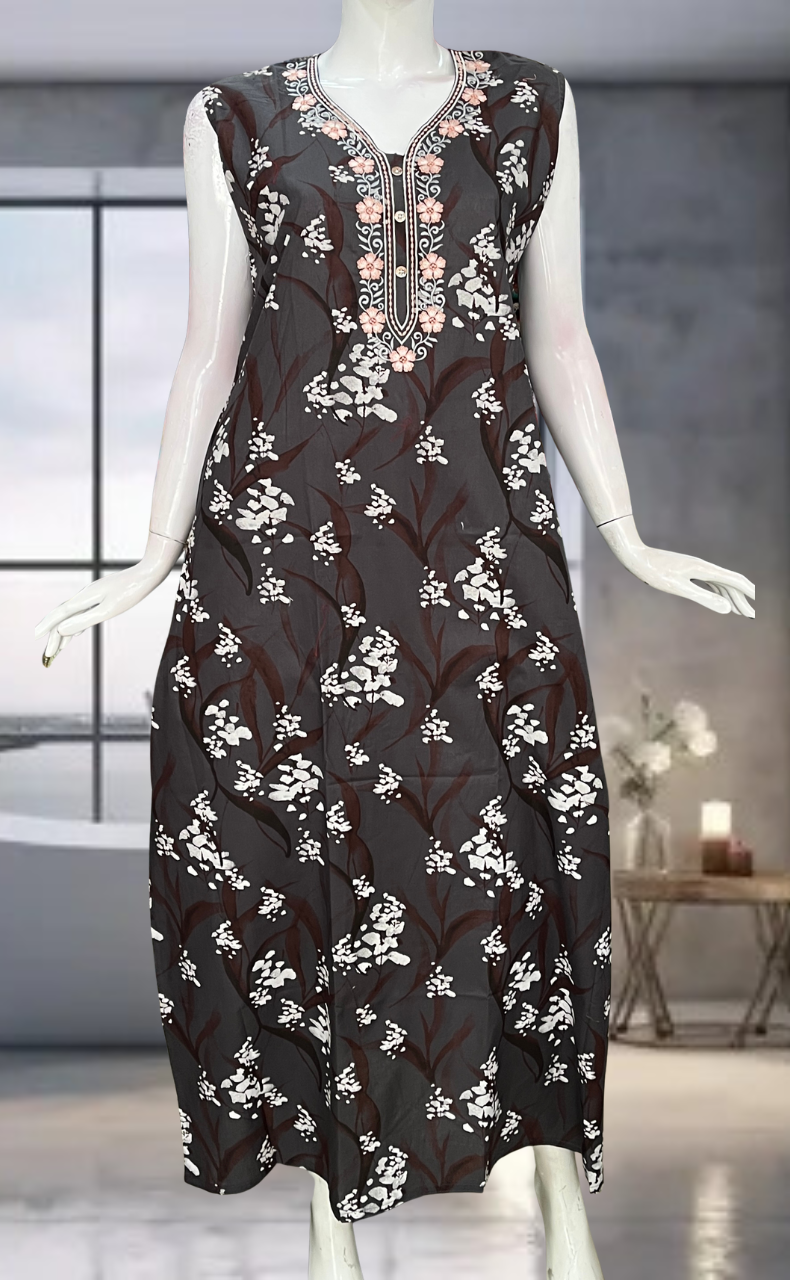 Grey Floral Pure Cotton Sleeveless Nighty. Pure Durable Cotton | Laces and Frills