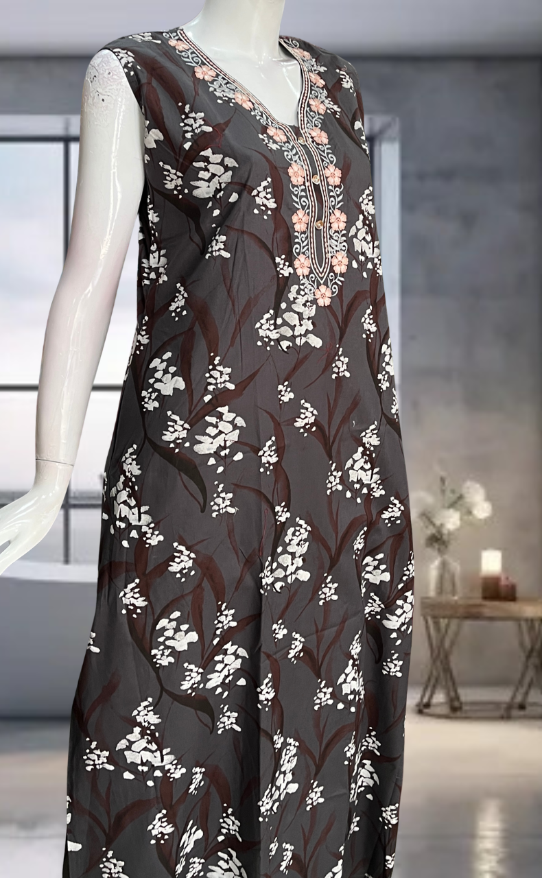 Grey Floral Pure Cotton Sleeveless Nighty. Pure Durable Cotton | Laces and Frills