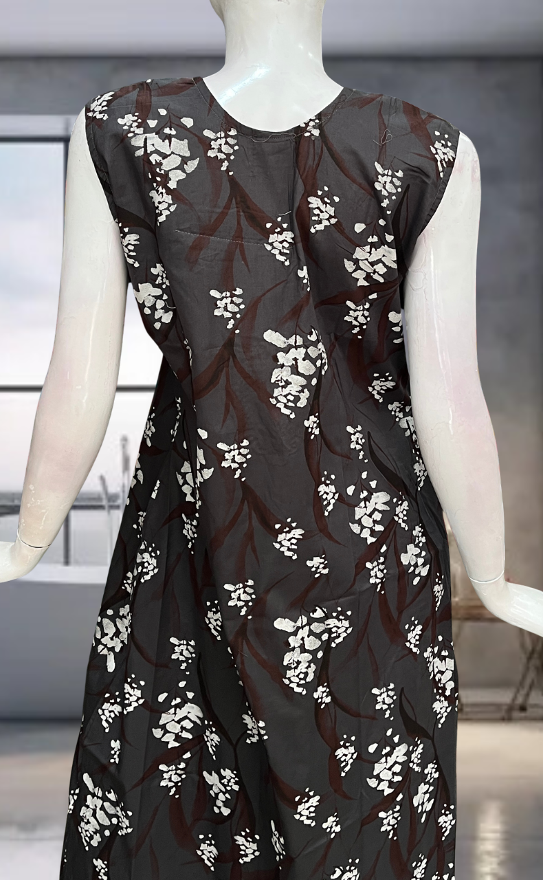 Grey Floral Pure Cotton Sleeveless Nighty. Pure Durable Cotton | Laces and Frills