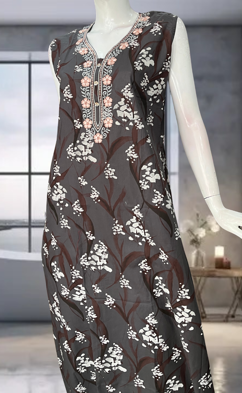 Grey Floral Pure Cotton Sleeveless Nighty. Pure Durable Cotton | Laces and Frills