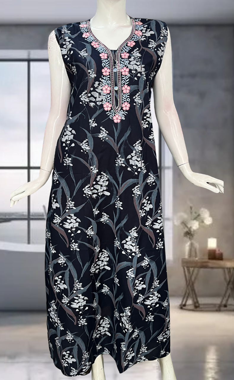 Navy Blue Floral Pure Cotton Sleeveless Nighty. Pure Durable Cotton | Laces and Frills