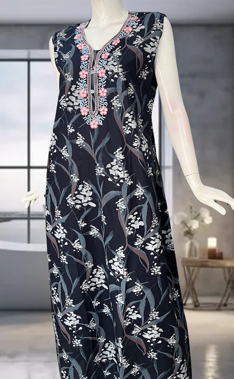 Navy Blue Floral Pure Cotton Sleeveless Nighty. Pure Durable Cotton | Laces and Frills