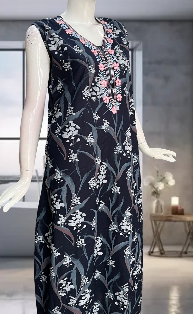 Navy Blue Floral Pure Cotton Sleeveless Nighty. Pure Durable Cotton | Laces and Frills