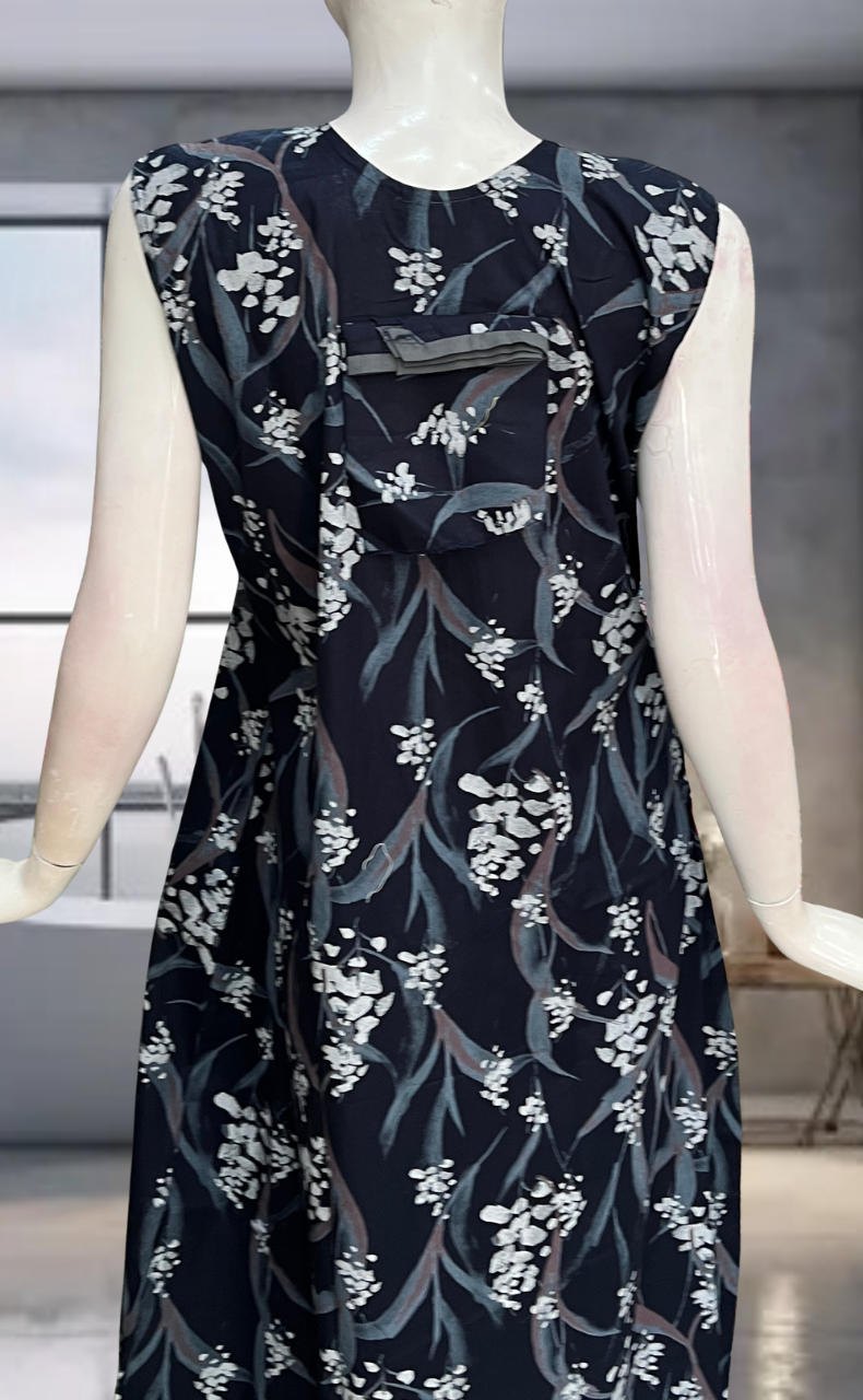 Navy Blue Floral Pure Cotton Sleeveless Nighty. Pure Durable Cotton | Laces and Frills