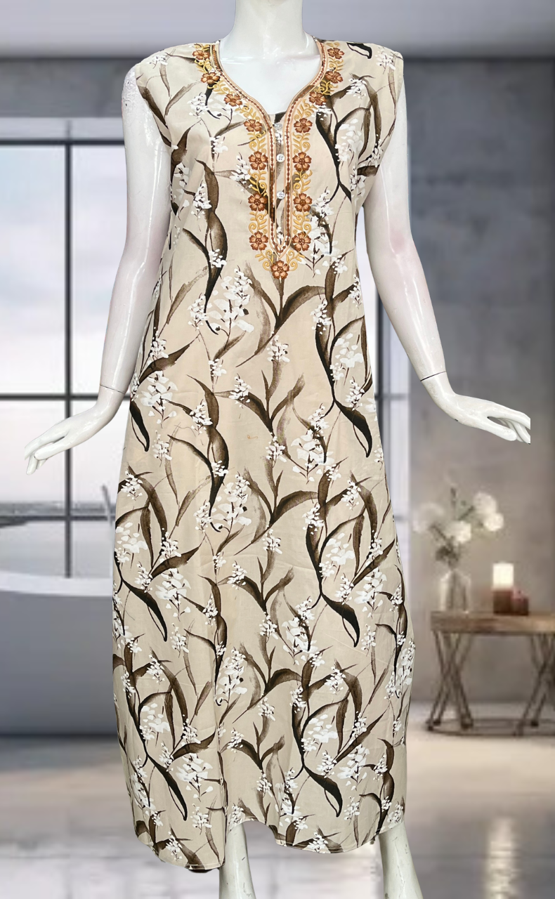 Cream Floral Pure Cotton Sleeveless Nighty. Pure Durable Cotton | Laces and Frills