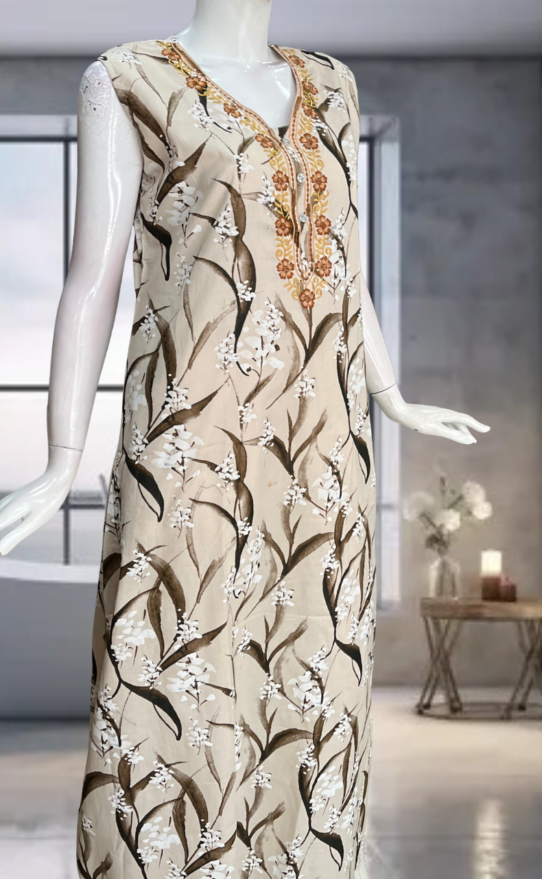Cream Floral Pure Cotton Sleeveless Nighty. Pure Durable Cotton | Laces and Frills