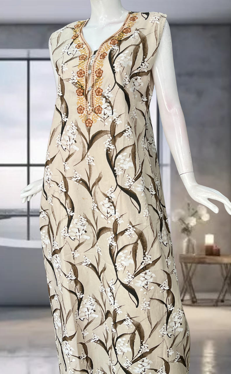 Cream Floral Pure Cotton Sleeveless Nighty. Pure Durable Cotton | Laces and Frills