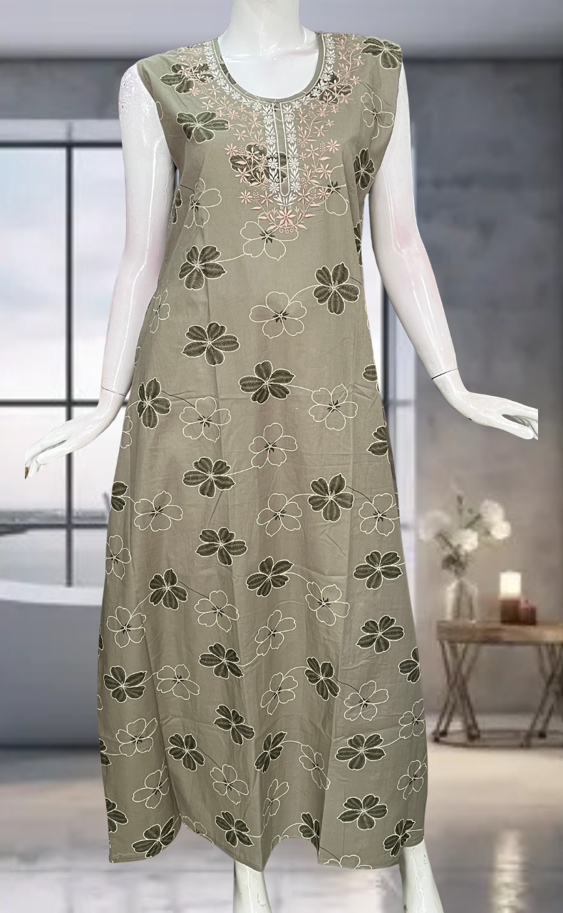 Light Green Floral Pure Cotton Sleeveless Nighty. Pure Durable Cotton | Laces and Frills
